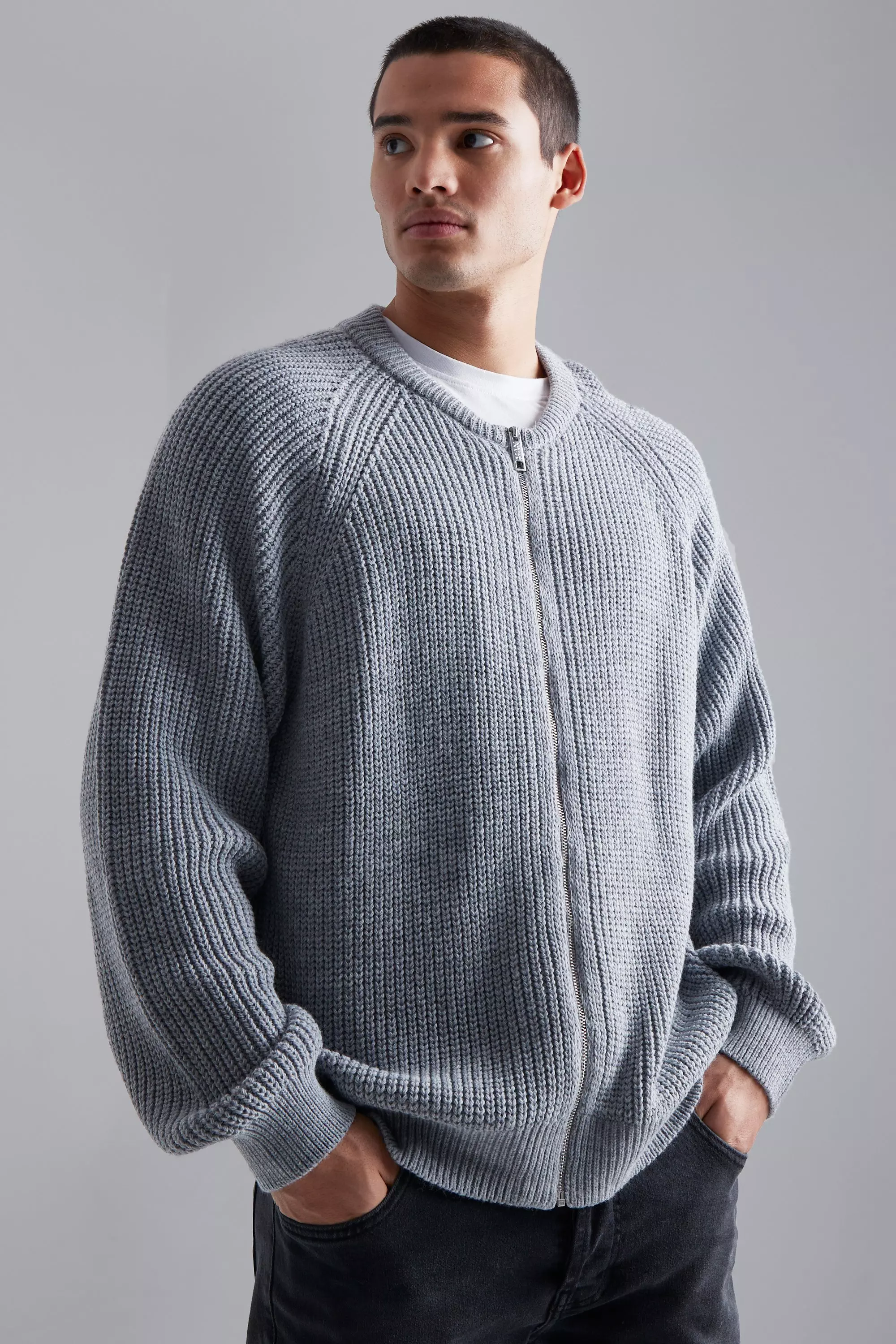 Collarless Ribbed Chunky Knitted Bomber | boohooMAN USA